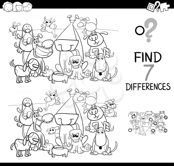 Black and White Cartoon Illustration of Finding Differences Between Pictures Educational Activity Game for Children with Dogs Animal Characters Group Coloring Book