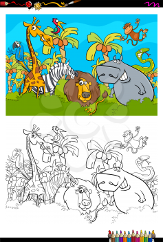 Cartoon Illustration of Safari Animals in the Wild Coloring Book Activity