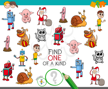Cartoon Illustration of Find One of a Kind Educational Activity Game for Children with Comic Characters