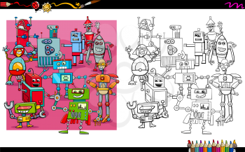 Cartoon Illustration of Robots Fantasy Characters Group Coloring Book Activity