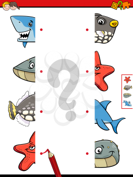 Cartoon Illustration of Educational Game of Matching Halves of Sea Life Animal Characters