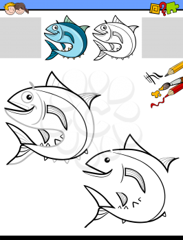 Cartoon Illustration of Drawing and Coloring Educational Activity for Children with Tuna Fish Animal Character
