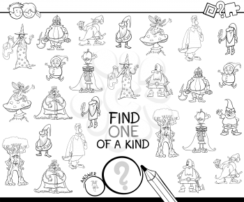 Black and White Cartoon Illustration of Find One of a Kind Educational Activity Game for Children with Fantasy Characters Coloring Book