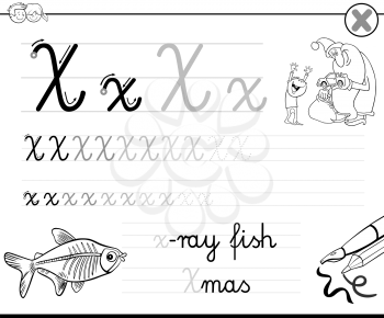 Black and White Cartoon Illustration of Writing Skills Practice with Letter X Worksheet for Preschool and Elementary Age Children Coloring Book