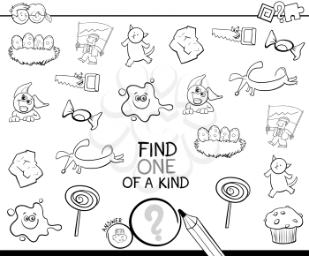 Black and White Cartoon Illustration of Find One of a Kind Educational Activity for Children with Funny Pictures Coloring Page