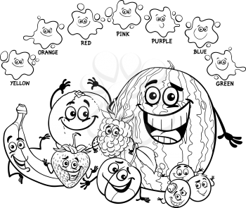 Black and White Cartoon Illustration of Primary Basic Colors Educational Page for Children with Fruits Food Characters Coloring Book
