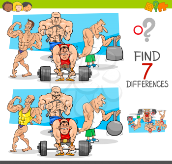 Cartoon Illustration of Finding Seven Differences Between Pictures Educational Activity Game for Kids with Bodybuilders Athlete Characters Group