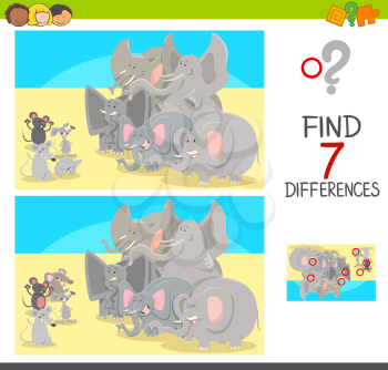 Cartoon Illustration of Finding Seven Differences Between Pictures Educational Activity Game for Children with Elephants and Mice Animal Characters