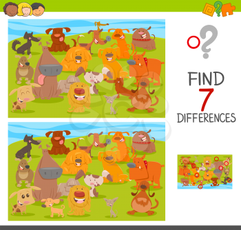 Cartoon Illustration of Finding Seven Differences Between Pictures Educational Activity Game for Children with Dogs Animal Characters Group