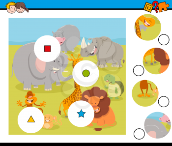 Cartoon Illustration of Educational Match the Pieces Jigsaw Puzzle Game for Children with Wild Animals Characters
