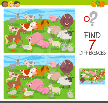 Cartoon Illustration of Finding Seven Differences Between Pictures Educational Activity Game for Children with Farm Animal Characters