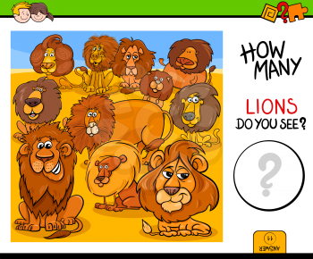 Cartoon Illustration of Educational Counting Activity Game for Children with Lions Animal Characters