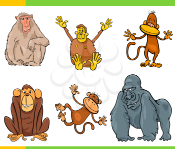 Cartoon Illustration of Funny Monkeys and Apes Primate Animals Set