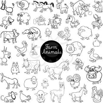 Black and White Cartoon Illustration of Funny Farm Animal Characters Big Set Coloring Book
