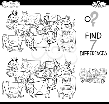 Black and White Cartoon Illustration of Finding Seven Differences Between Pictures Educational Activity Game for Kids with Cows Farm Animal Characters Group Coloring Book