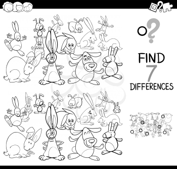 Black and White Cartoon Illustration of Finding Seven Differences Between Pictures Educational Activity Game for Kids with Rabbits Animal Characters Group Coloring Book