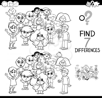 Black and White Cartoon Illustration of Finding Seven Differences Between Pictures Educational Activity Game for Kids with Children Characters Group Coloring Book