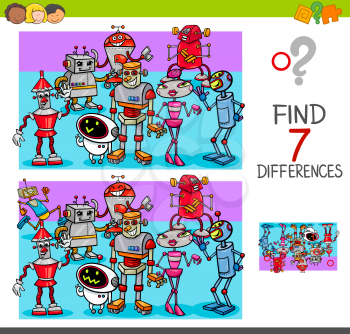 Cartoon Illustration of Finding Seven Differences Between Pictures Educational Activity Game for Kids with Robot Characters Group