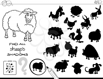Black and White Cartoon Illustration of Finding All Sheep Shadows Educational Activity for Children Coloring Book