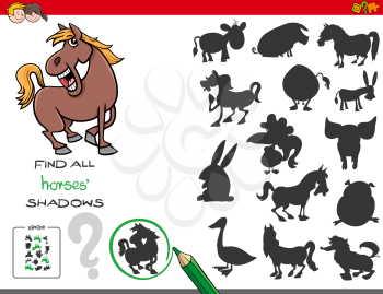 Cartoon Illustration of Finding All Horses Shadows Educational Activity for Children