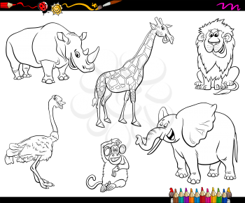 Black and White Cartoon Illustration of Funny Safari Animal Characters Set Coloring Book