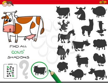 Cartoon Illustration of Finding All Cows Shadows Educational Activity for Children