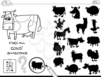 Black and White Cartoon Illustration of Finding All Cows Shadows Educational Activity for Children Coloring Book