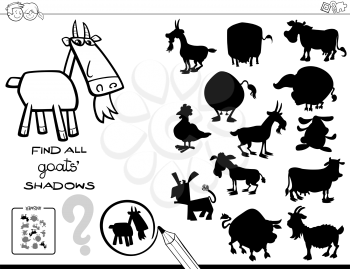 Black and White Cartoon Illustration of Finding All Goats Shadows Educational Activity for Children Coloring Book