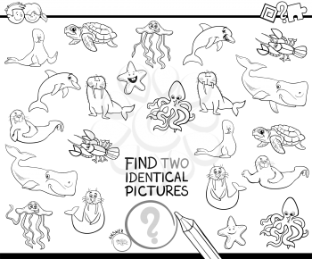 Black and White Cartoon Illustration of Finding Two Identical Pictures Educational Game for Children with Marine Life Animal Characters Coloring Book