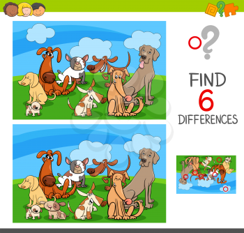 Cartoon Illustration of Find and Spot Six Differences Between Pictures Educational Activity Game for Kids with Dogs Animal Characters Group