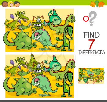 Cartoon Illustration of Finding Seven Differences Between Pictures Educational Activity Game for Children with Dragons Fantasy Animal Characters Group