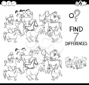 Black and White Cartoon Illustration of Finding Seven Differences Between Pictures Educational Activity Game for Children with Horses Farm Animal Characters Group Coloring Book