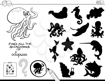 Black and White Cartoon Illustration of Finding All The Shadows of Octopuses Educational Game for Children Coloring Book