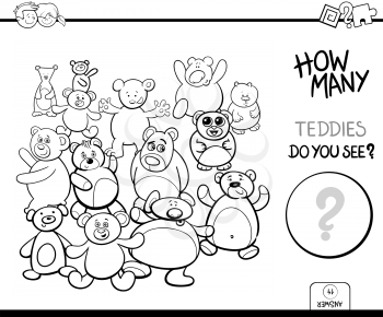 Black and White Cartoon Illustration of Educational Counting Activity Game for Children with Teddy Bears Toy Characters Coloring Book