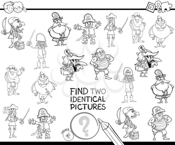 Black and White Cartoon Illustration of Finding Two Identical Pictures Educational Game for Children with Pirates Fantasy Characters Coloring Book