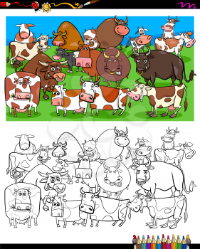 Cartoon Illustration of Cows and Bulls Farm Animal Characters Group Coloring Book Activity