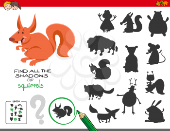 Cartoon Illustration of Finding All The Shadows of Squirrels Educational Game for Children