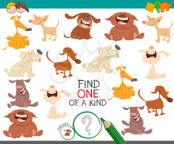 Cartoon Illustration of Find One of a Kind Educational Activity Game for Kids with Dogs or Puppies Characters