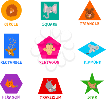 Educational Cartoon Illustration of Basic Geometric Shapes with Captions and Funny Animal Characters for Children