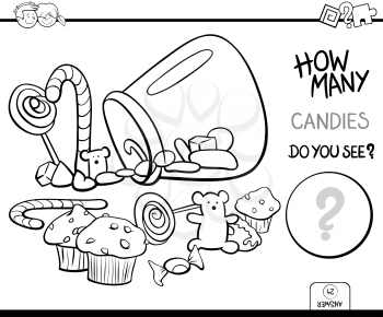 Black and White Cartoon Illustration of Educational Counting Activity Game for Children with Candies Coloring Book