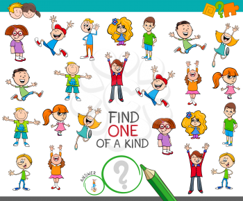Cartoon Illustration of Find One of a Kind Picture Educational Activity Game for Children with Kid Characters
