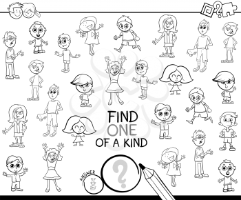 Black and White Cartoon Illustration of Find One of a Kind Picture Educational Activity Game for Kids with Children Characters Coloring Book