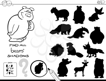 Black and White Cartoon Illustration of Finding All Bears Shadows Educational Activity for Children Coloring Book