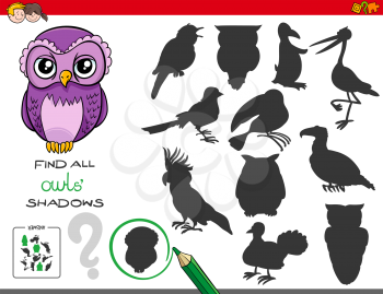 Cartoon Illustration of Finding All Owls Shadows Educational Activity for Children