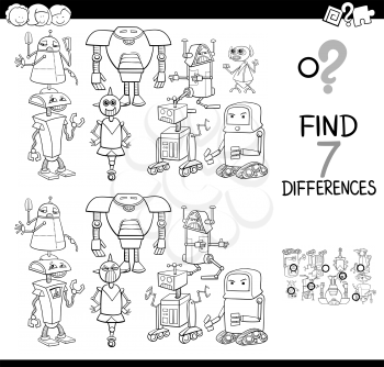 Black and White Cartoon Illustration of Finding Seven Differences Between Pictures Educational Activity Game for Children with Robots Fantasy Characters Group Coloring Book