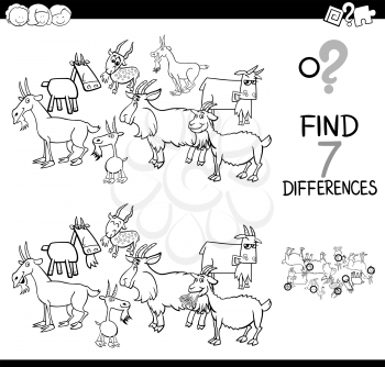 Black and White Cartoon Illustration of Finding Seven Differences Between Pictures Educational Activity Game for Children with Goats Farm Animal Characters Group Coloring Book