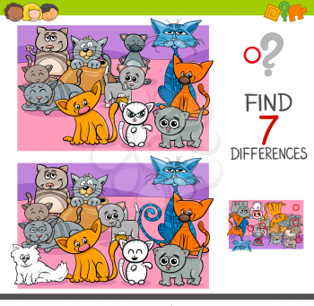 Cartoon Illustration of Finding Seven Differences Between Pictures Educational Activity Game for Children with Funny Cats Animal Characters Group