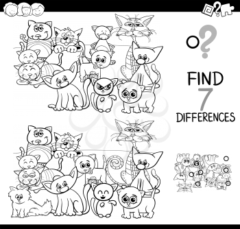 Black and White Cartoon Illustration of Finding Seven Differences Between Pictures Educational Activity Game for Children with Funny Cats Animal Characters Group Coloring Book