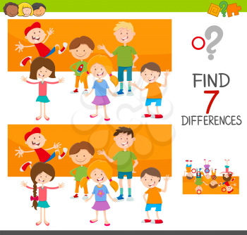 Cartoon Illustration of Finding Seven Differences Between Pictures Educational Activity Game for Children with Kids Characters Group