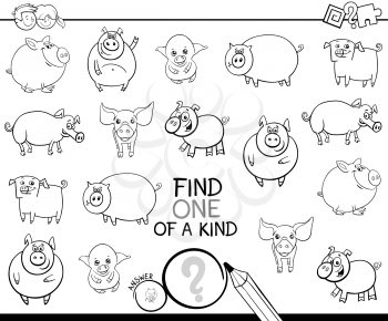 Black and White Cartoon Illustration of Find One of a Kind Picture Educational Activity Game for Children with Pig Animal Characters Coloring Book